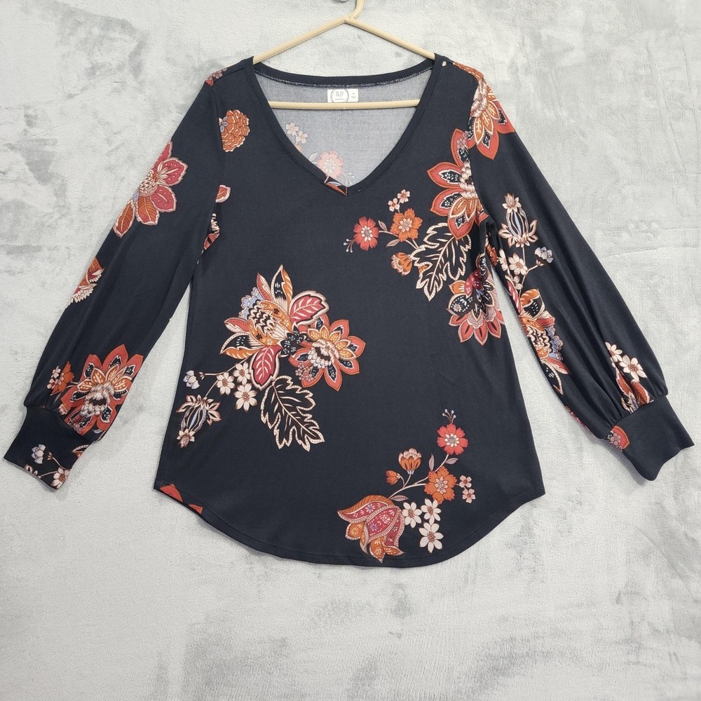 Maurices Top Womens M Black Floral 24/7 Cozy V-Neck Blouson Sleeve Stretch
